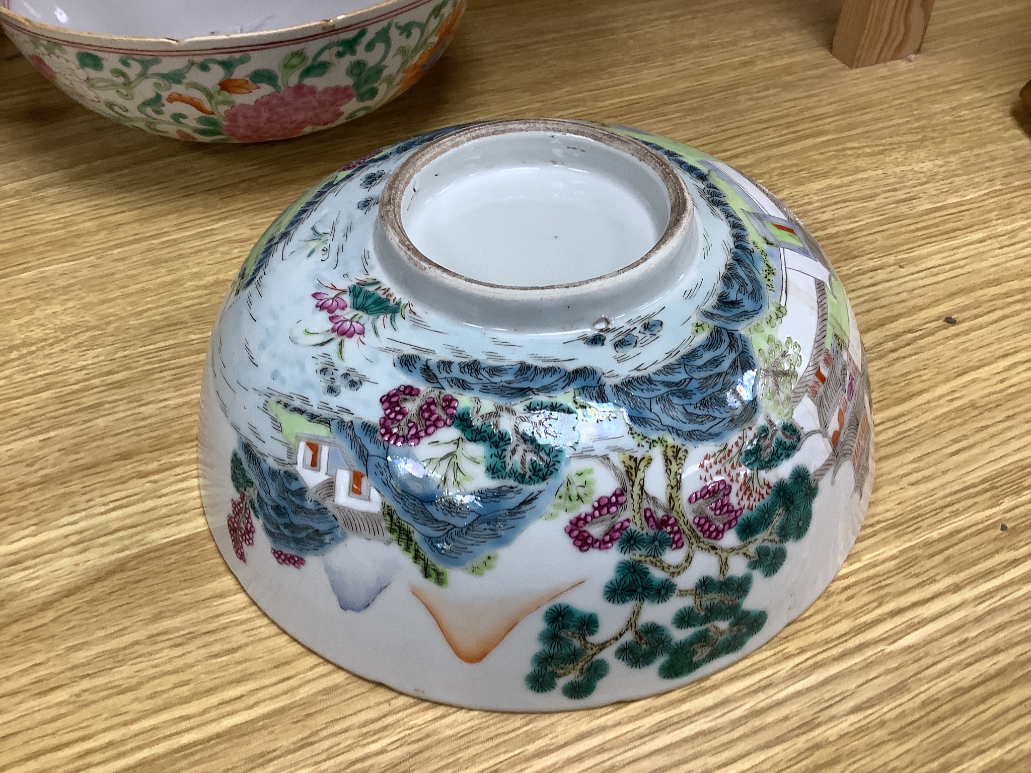 Two Chinese famille rose enamelled porcelain bowls, diameter 23cm